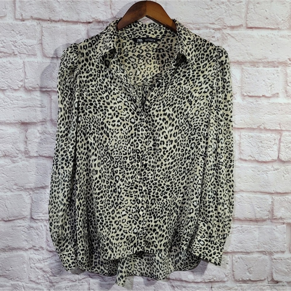 Zara Leopard Print Chiffon Puff Sleeve Button Up Blouse